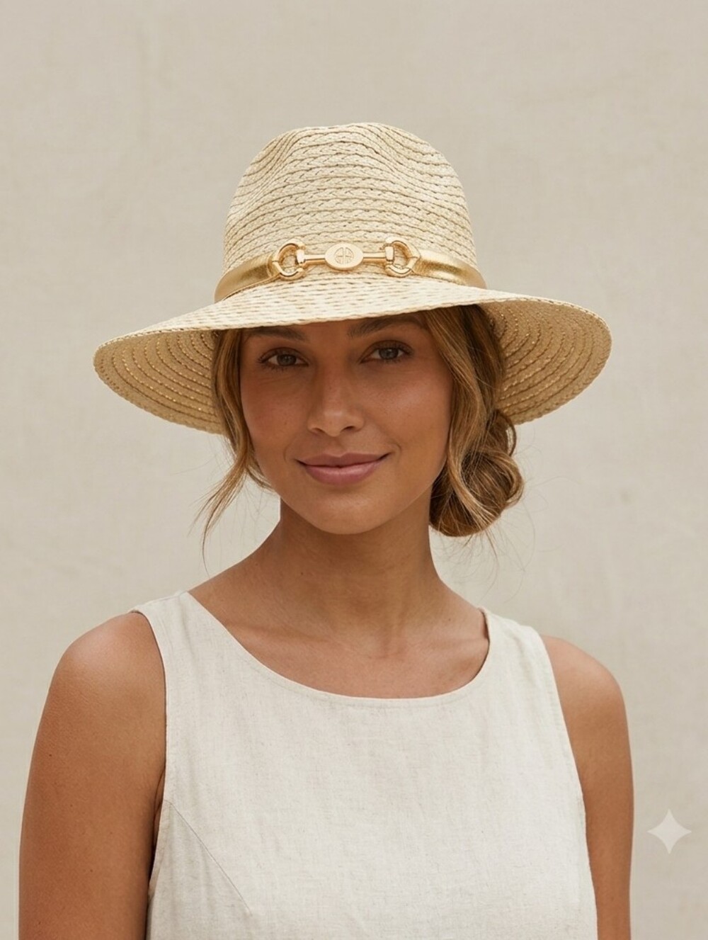 Giani Bernini NWT Natural Straw Sun Hat with Gold Trim One Size